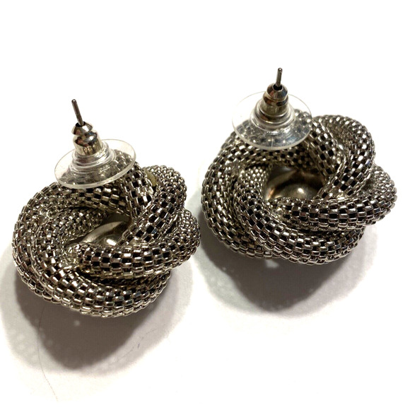 Vintage Y2K Pierced Earrings Silvertone Twisted Mesh & Clear Rhinestone Center - Picture 3 of 5
